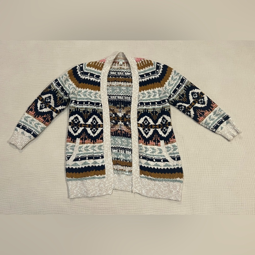 LL Bean Woman's Small Petite Cotton Ragg Sweater Open Cardigan Fair Isle 508193 - Picture 3 of 15